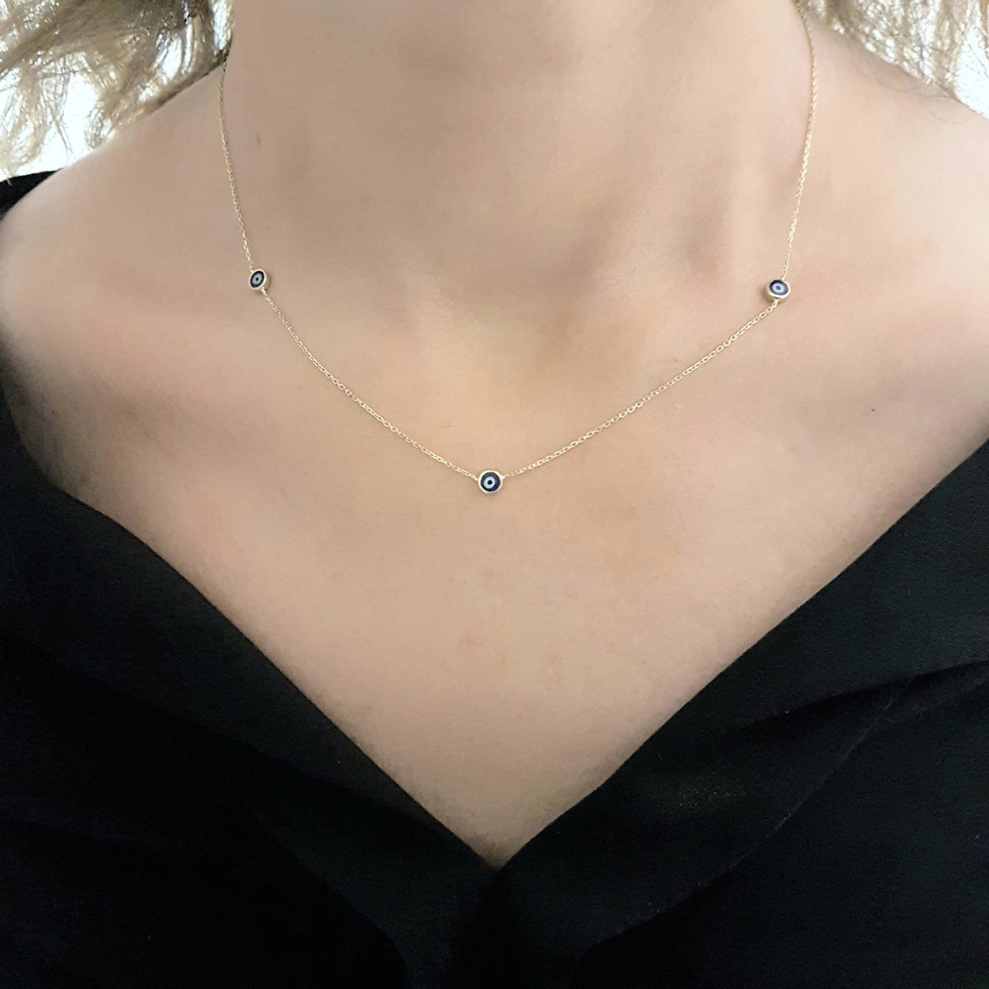 Evil Eye Trio Pendant Necklace Lucky Turkey Nazar Protection For Women Handmade Jewelry 14K Yellow Gold Charm Elegant Dainty Navy Blue Or Turquoise