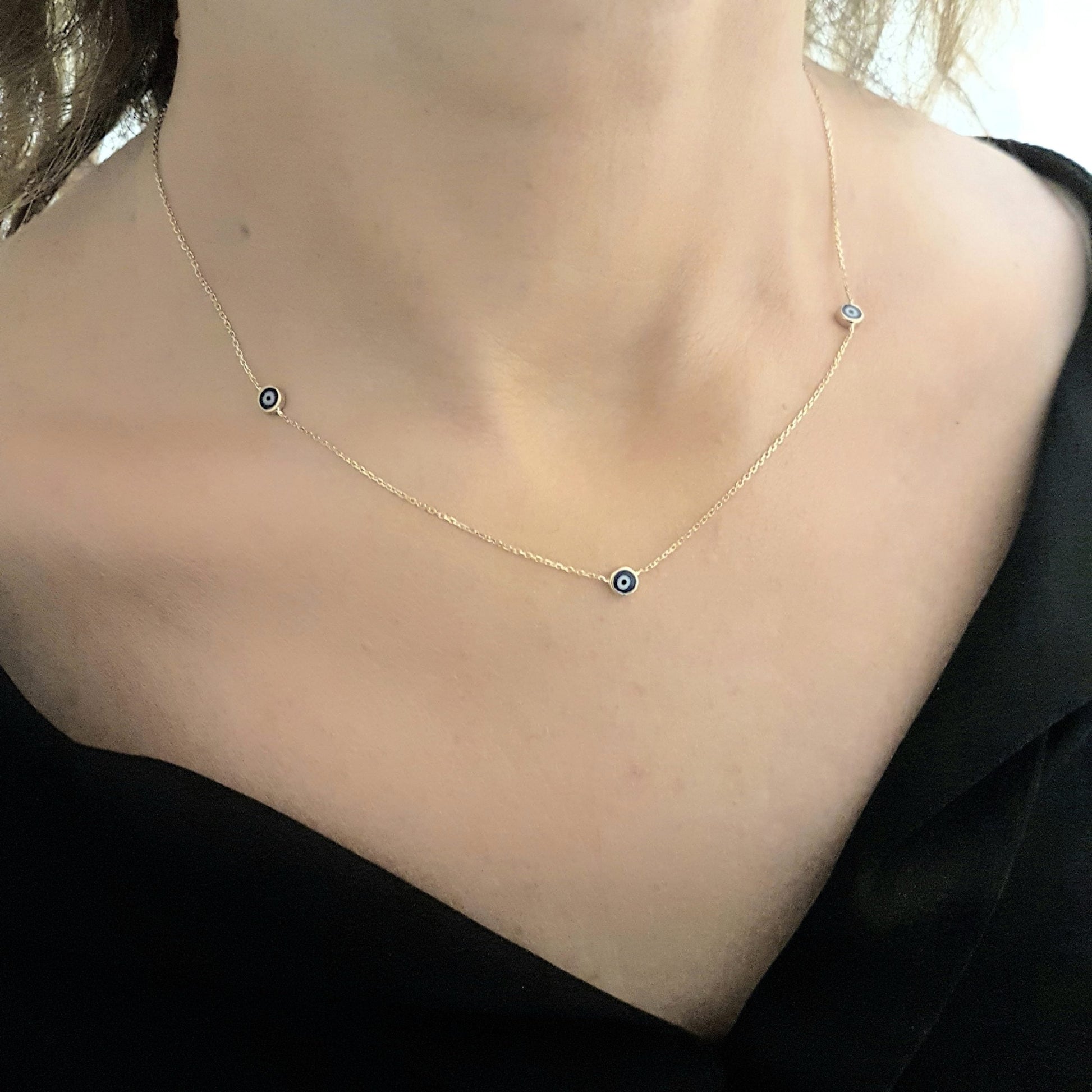 Evil Eye Trio Pendant Necklace Lucky Turkey Nazar Protection For Women Handmade Jewelry 14K Yellow Gold Charm Elegant Dainty Navy Blue Or Turquoise