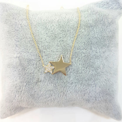 14K Gold Two Stars Design Dainty Delicate Cute Initial Charm Trendy Pendant Necklace (Choice of Gold Colors and Length) for women jewelry girlfriend mom birthday gift