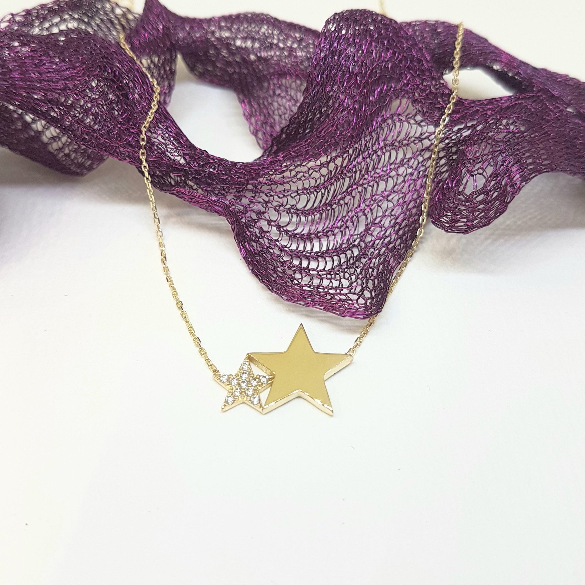 14K Gold Two Stars Design Dainty Delicate Cute Initial Charm Trendy Pendant Necklace (Choice of Gold Colors and Length) for women jewelry girlfriend mom birthday gift