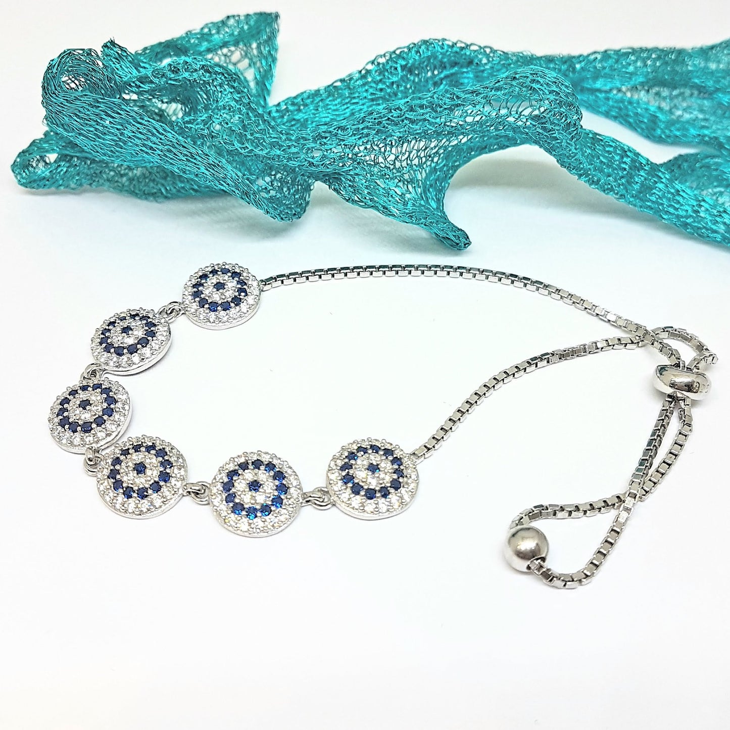 925 Solid Sterling Silver Lucky Navy Blue Evil Eye and White Stone Round Charm bracelet