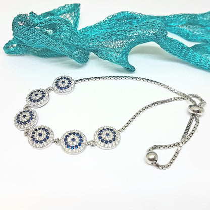 925 Solid Sterling Silver Lucky Navy Blue Evil Eye and White Stone Round Charm bracelet