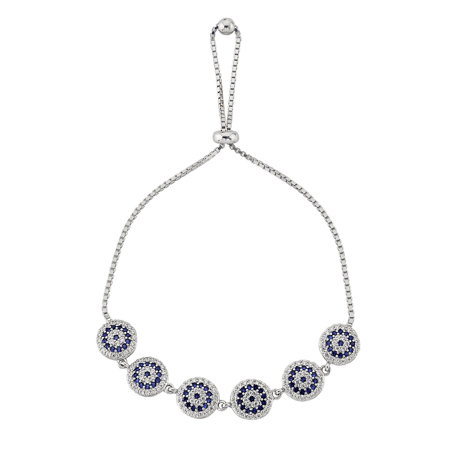 925 Solid Sterling Silver Lucky Navy Blue Evil Eye and White Stone Round Design Cute Dainty Delicate Elegant Trendy Expandable Bracelet best gift for women her mother