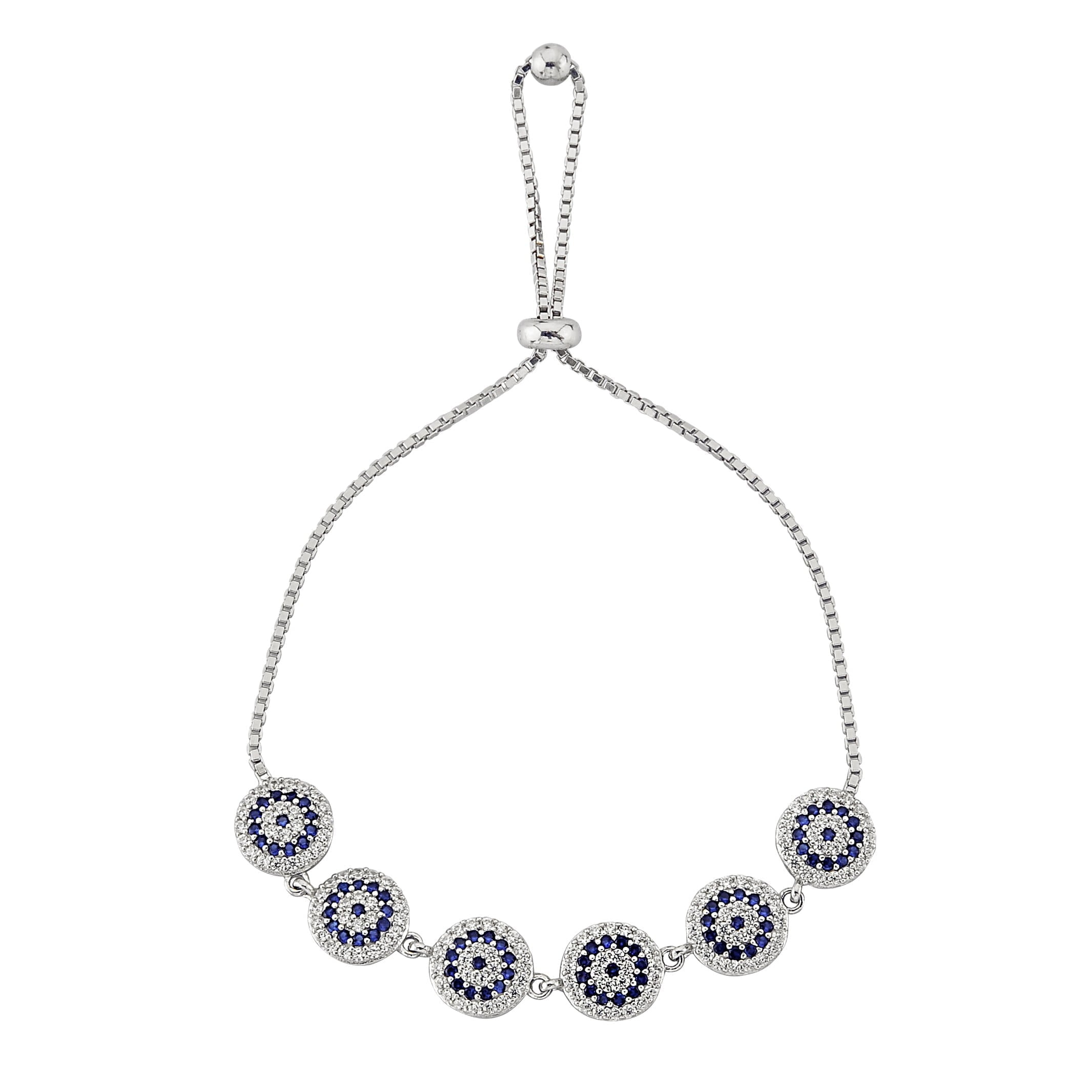 925 Solid Sterling Silver Lucky Navy Blue Evil Eye and White Stone Round Design Cute Dainty Delicate Elegant Trendy Expandable Bracelet best gift for women her mother