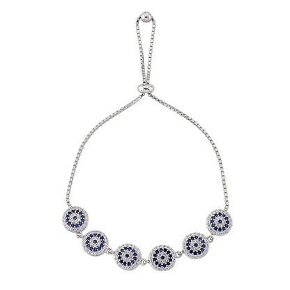 925 Solid Sterling Silver Lucky Navy Blue Evil Eye and White Stone Round Design Cute Dainty Delicate Elegant Trendy Expandable Bracelet best gift for women her mother