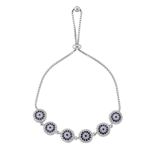 925 Solid Sterling Silver Lucky Navy Blue Evil Eye and White Stone Round Design Cute Dainty Delicate Elegant Trendy Expandable Bracelet best gift for women her mother