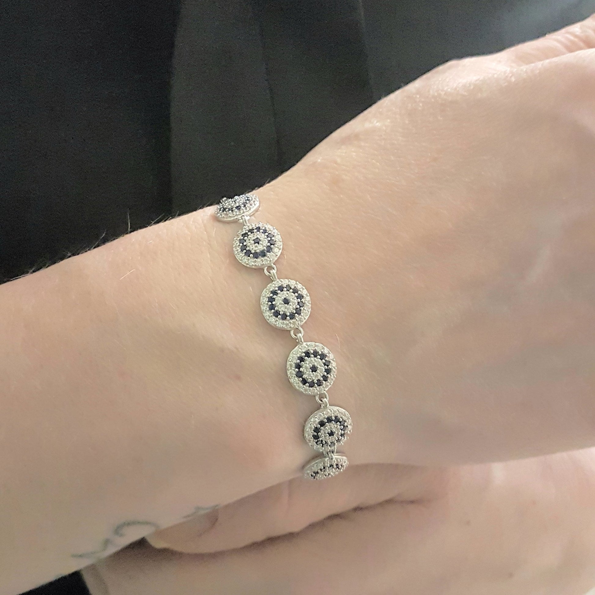 925 Solid Sterling Silver Lucky Navy Blue Evil Eye and White Stone Round Design Cute Dainty Delicate Elegant gift