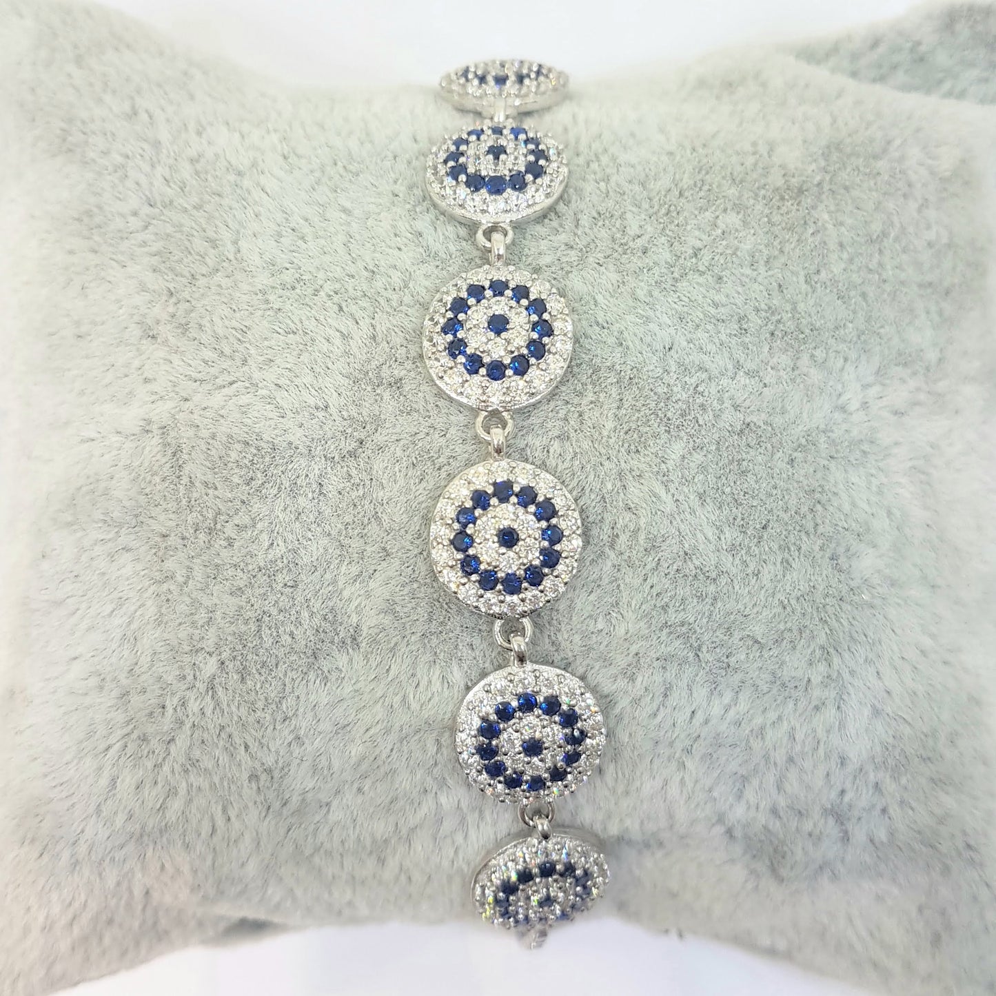 925 Solid Sterling Silver Lucky Navy Blue Evil Eye and White Stone Round Design Cute Dainty bracelet for girl mom