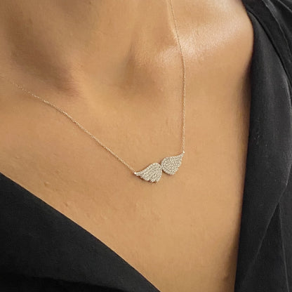 925K Sterling Silver Angel Wing Necklace for Women , CZ Pave Angel Wings Pendant , Silver Minimalist Layering Necklace , Handmade necklace