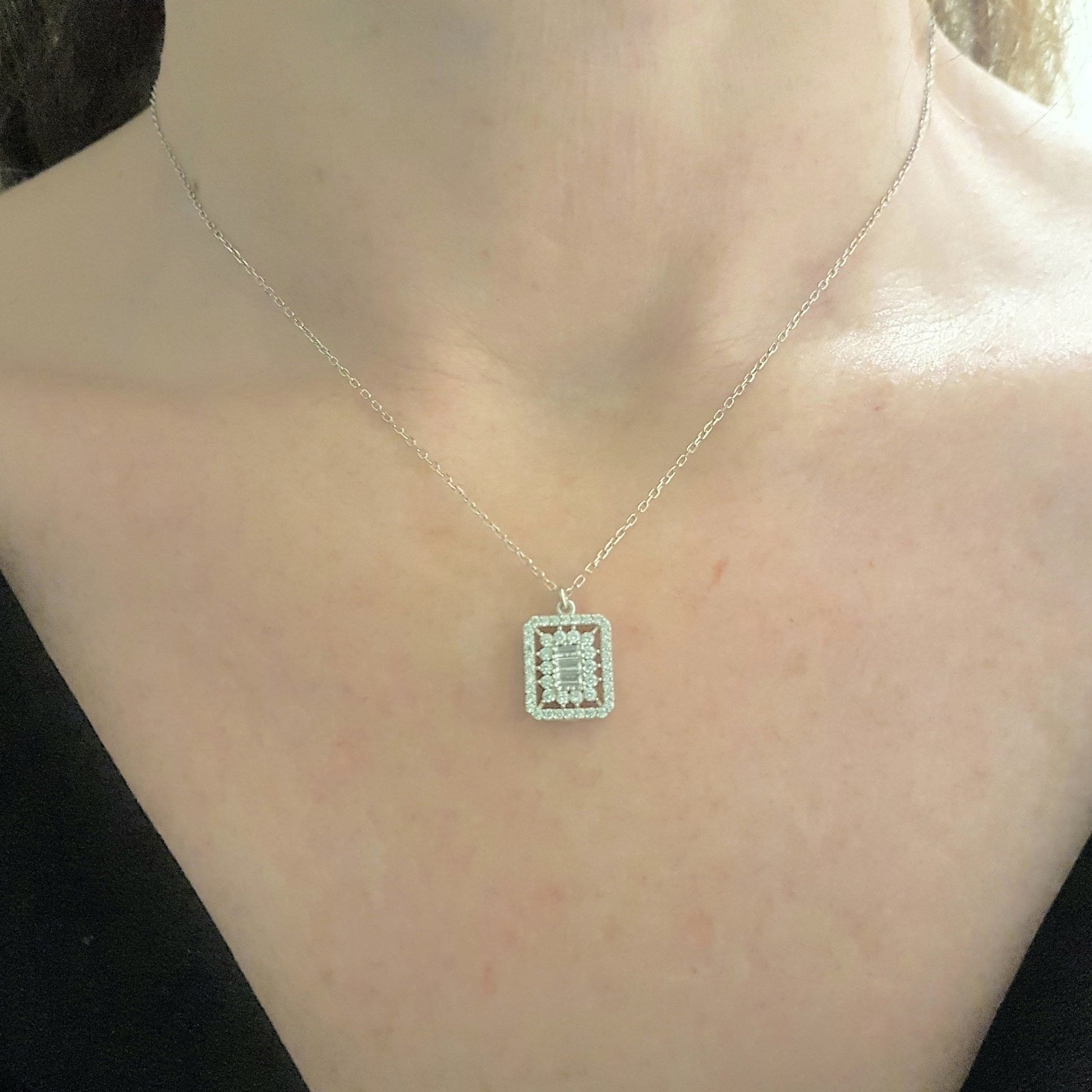 925K Sterling Silver Baguette Cluster Halo Pendant Necklace Dainty Charm Cute birthday gift