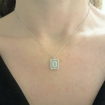 925K Sterling Silver Baguette Cluster Halo Pendant Necklace Dainty Charm Cute birthday gift