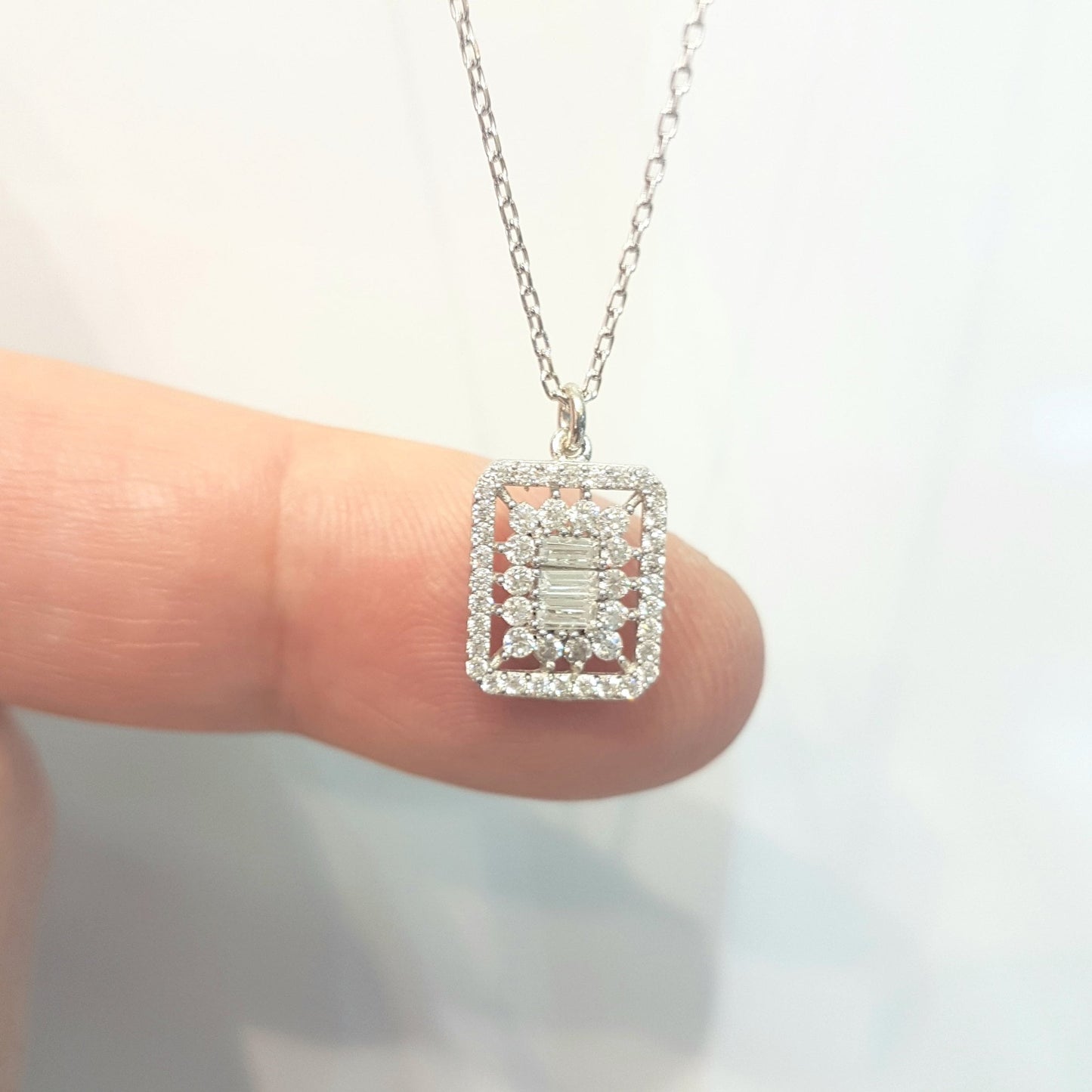 925K Sterling Silver Baguette Halo Pendant Necklace for Women ,Baguette Necklace Silver ,Baguette CZ Necklace ,Baguette Cluster Necklace