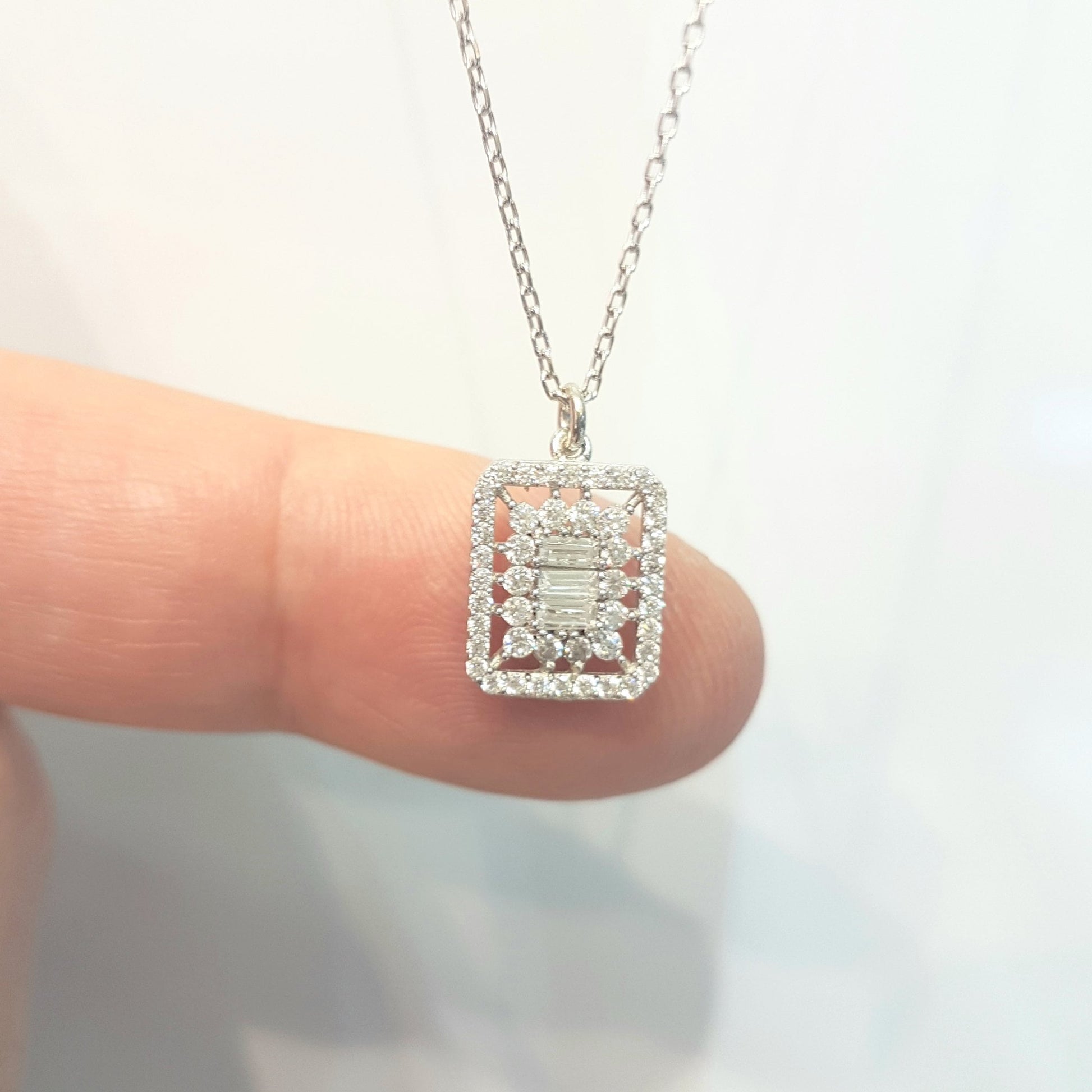 925K Sterling Silver Baguette Halo Pendant Necklace for Women ,Baguette Necklace Silver ,Baguette CZ Necklace ,Baguette Cluster Necklace