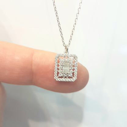 925K Sterling Silver Baguette Halo Pendant Necklace for Women ,Baguette Necklace Silver ,Baguette CZ Necklace ,Baguette Cluster Necklace