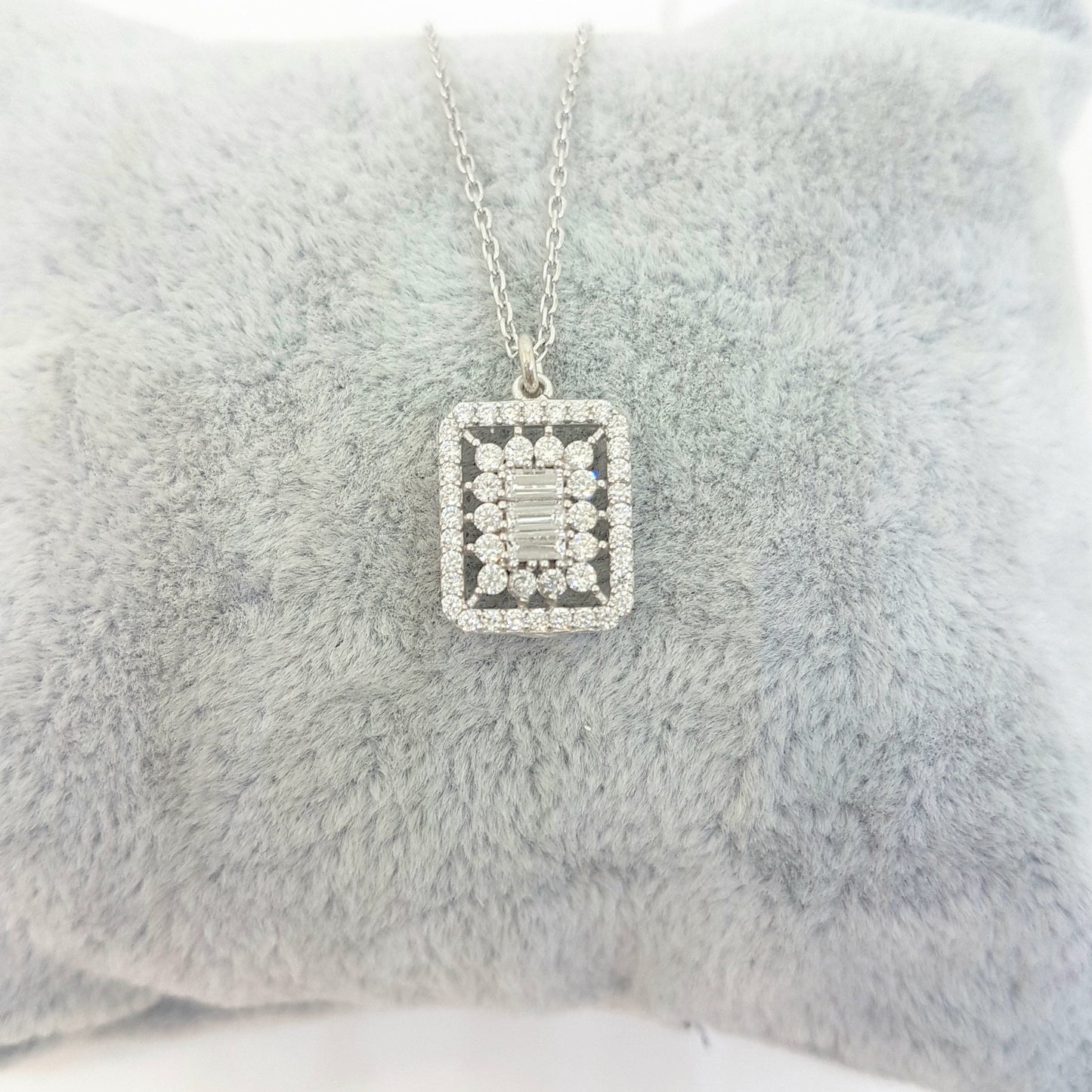 925K Sterling Silver Baguette Halo Pendant Necklace for Women ,Baguette Necklace Silver ,Baguette CZ Necklace ,Baguette Cut Cluster Necklace