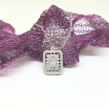 925K Sterling Silver Baguette Halo Pendant Necklace for Women ,Baguette Necklace Silver ,Baguette CZ Necklace ,birthday gift for her