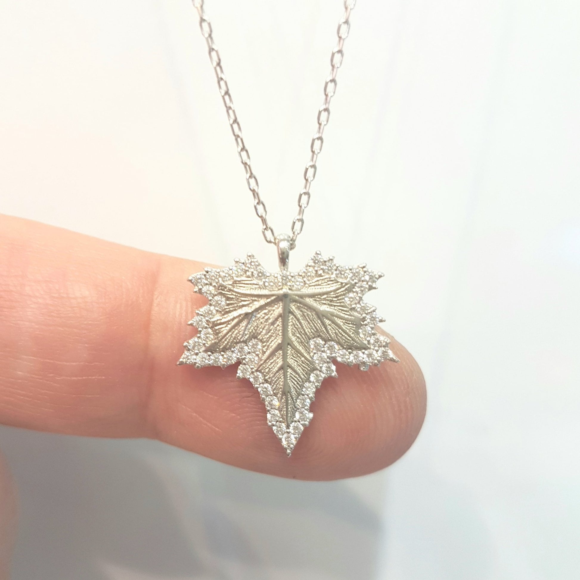 925K Sterling Silver CZ Maple Leaf Necklace , Long Leaf Pendant Necklace , CZ Maple Necklace , Canadian Maple Leaf Necklace