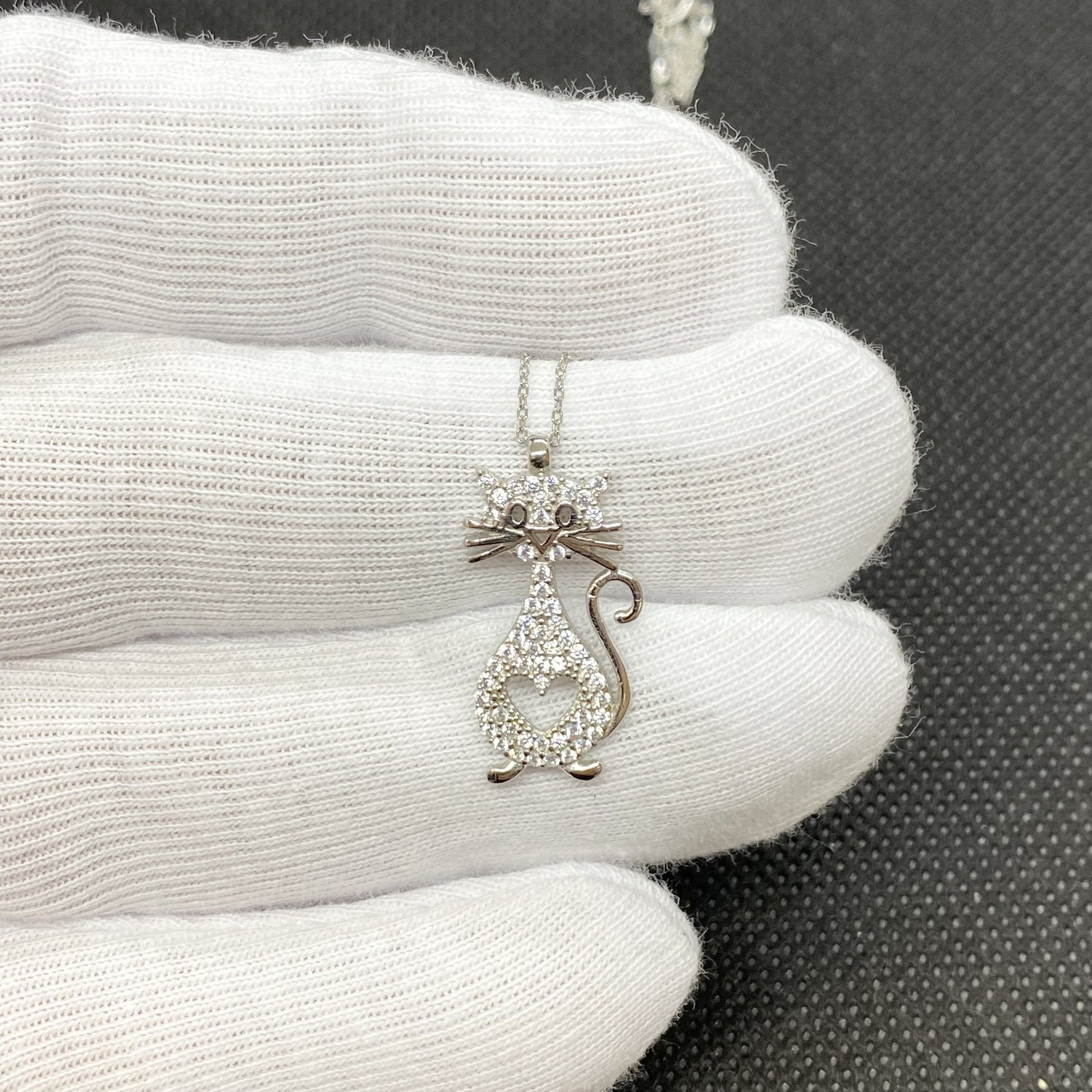 925K Sterling Silver Cat Necklace for Women, CZ Cat Pendant , Cat and Heart Neckalce Silver, Animal Jewelry ,Gift for Her , Christmas Gifts