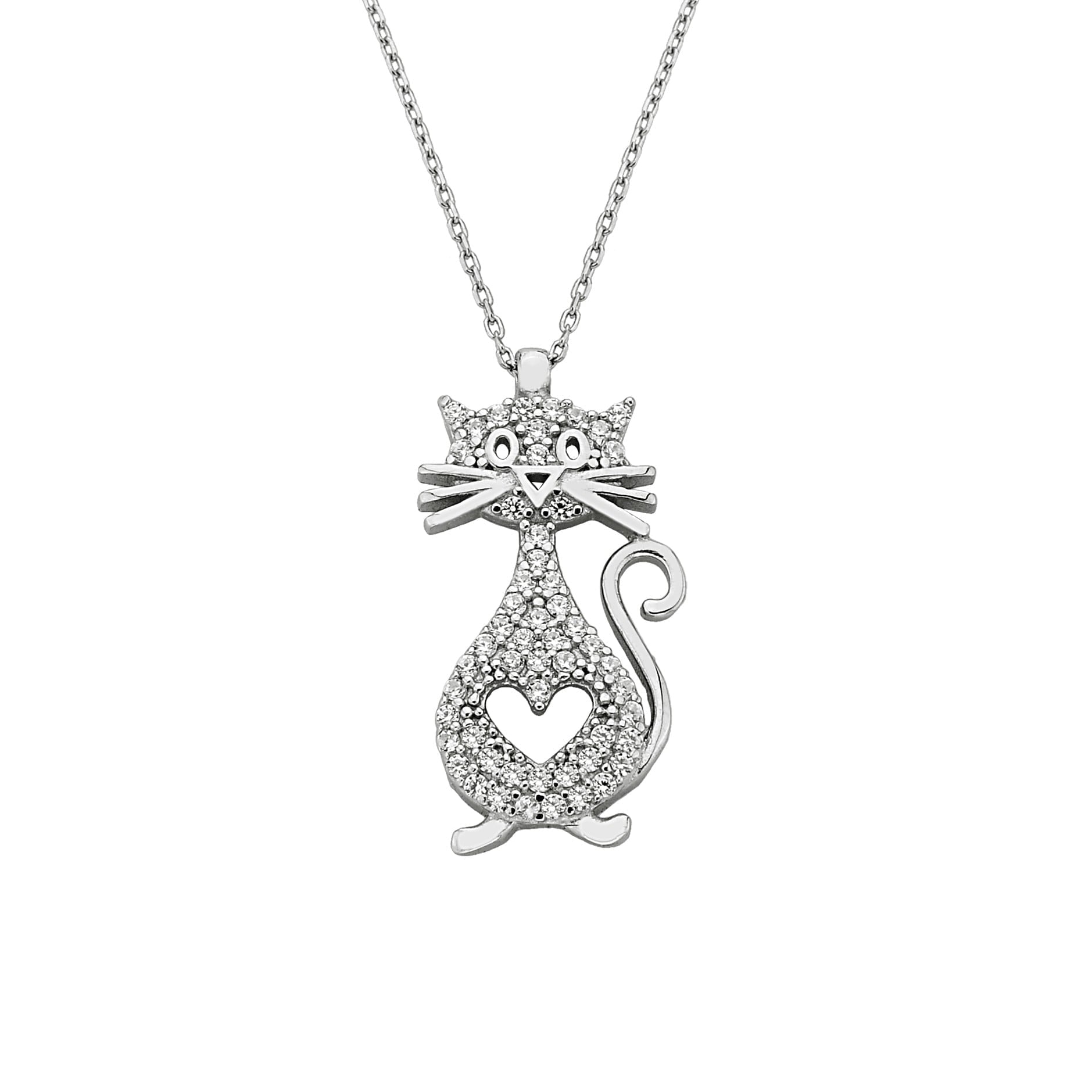 925K Sterling Silver Cat Necklace for Women, CZ Cat Pendant , Cat and Heart Neckalce Silver, Animal Jewelry , Gift for Her , Christmas Gifts
