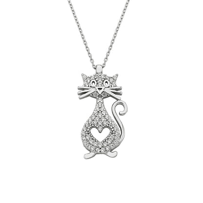 925K Sterling Silver Cat Necklace for Women, CZ Cat Pendant , Cat and Heart Neckalce Silver, Animal Jewelry , Gift for Her , Christmas Gifts