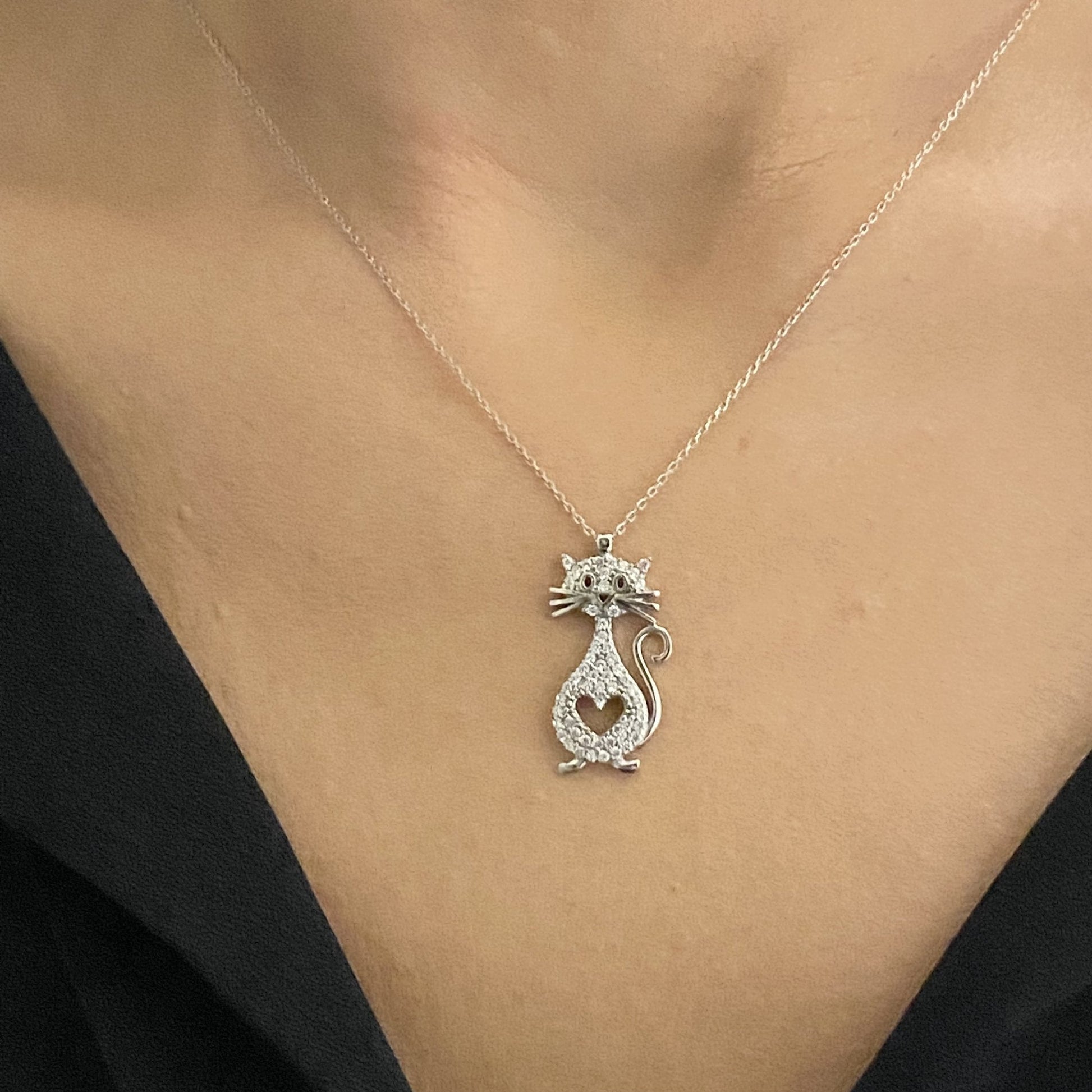 925K Sterling Silver Cat Necklace for Women, CZ Cat Pendant , Cat and Heart Neckalce Silver, Animal Jewelry , Gift for Her , Xmas Gifts