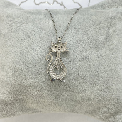 925K Sterling Silver Cat Necklace for Women, CZ Cat Pendant , Cat and Heart Neckalce Silver, Animal Jewelry , Gift for girs , Christmas Gifts