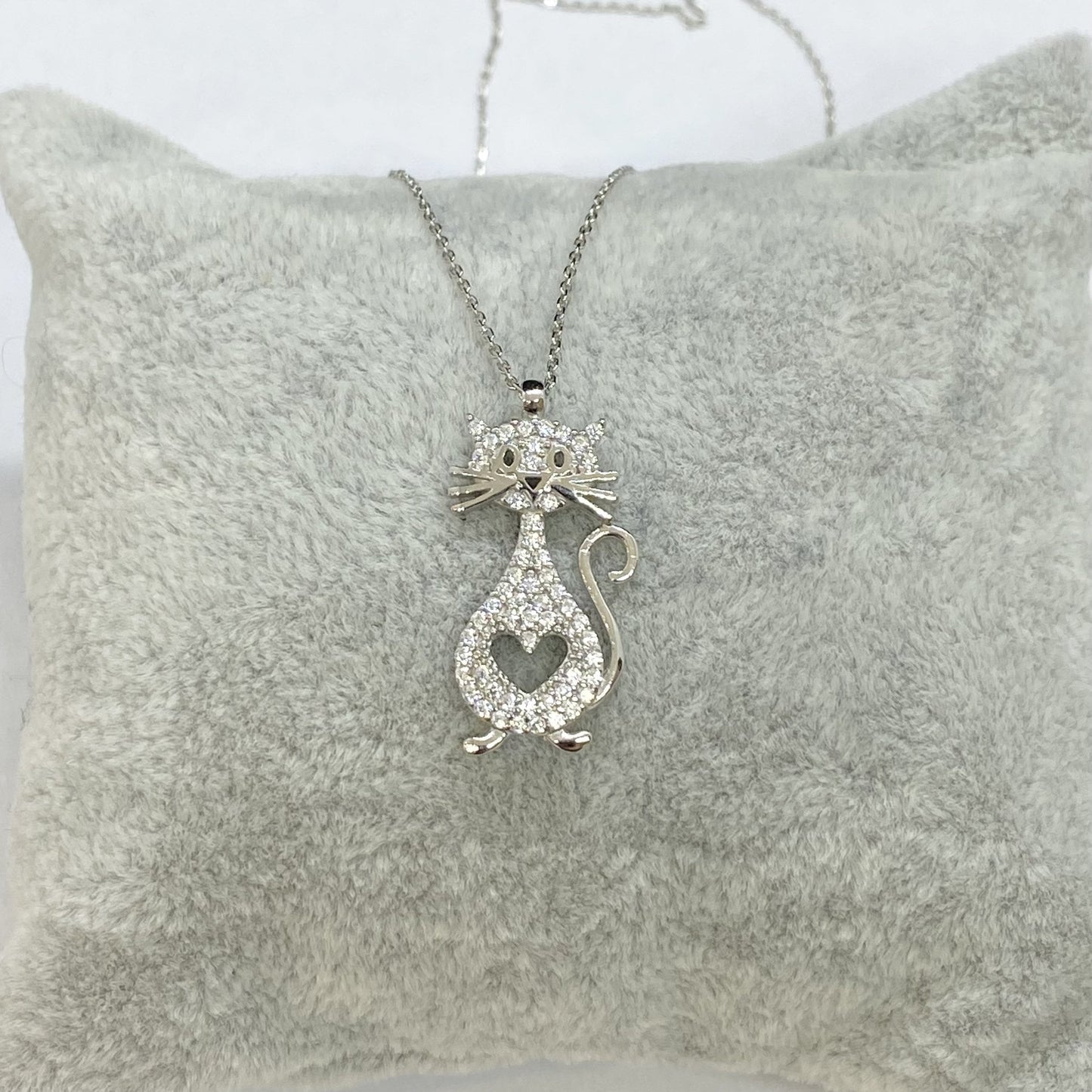 925K Sterling Silver Cat Necklace for Women, CZ Cat Pendant , Cat and Heart Neckalce Silver, Animal Jewelry , Gift for mom , Christmas Gifts