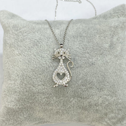 925K Sterling Silver Cat Necklace for Women, CZ Cat Pendant , Cat and Heart Neckalce Silver, Animal Jewelry , Gift for mom , Christmas Gifts