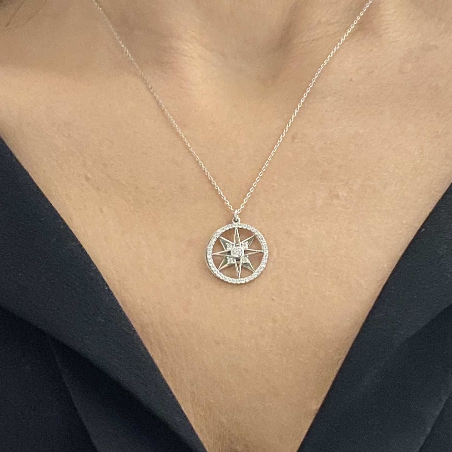 925K Sterling Silver Double North Star Necklace for Women , Compass Necklace Silver , CZ North Star Pendant ,Dainty Charm Necklace,Gift for her