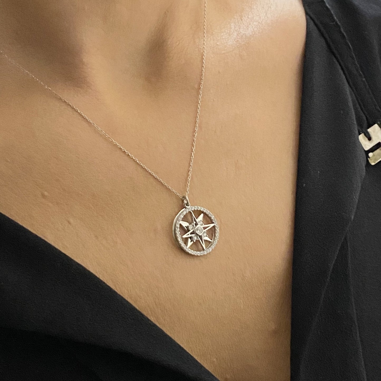 925K Sterling Silver Double North Star Necklace for Women , Compass Necklace Silver , North Star Pendant ,Dainty CZ Charm Necklace,Gift for her