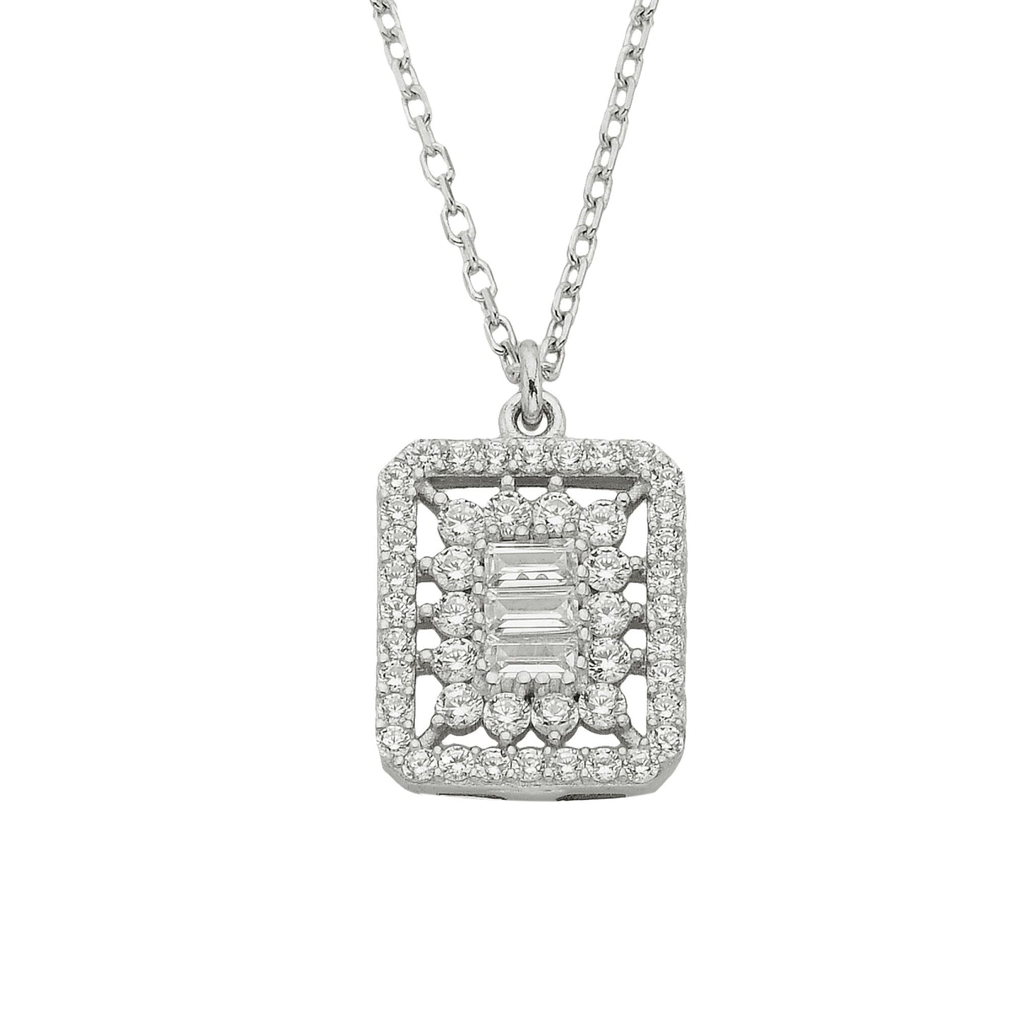 925K Sterling Silver Halo Baguette Pendant Necklace Decorated With Cubic Zirconia Stones Dainty Charm Cute for Women