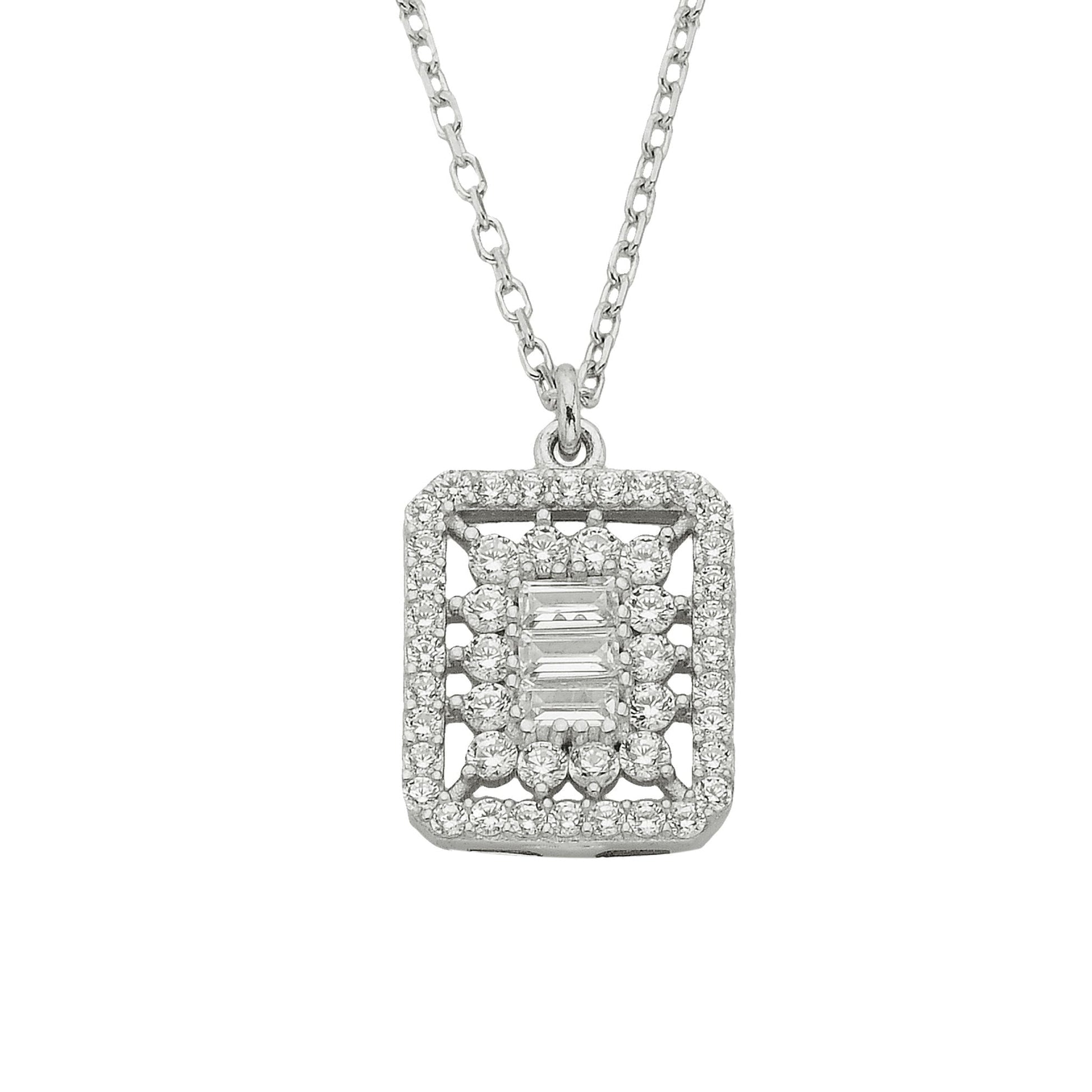 925K Sterling Silver Halo Baguette Pendant Necklace Decorated With Cubic Zirconia Stones Dainty Charm Cute for Women