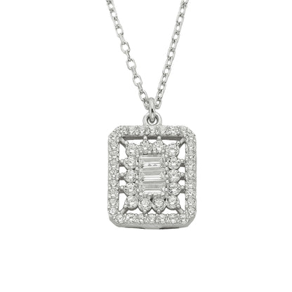 925K Sterling Silver Halo Baguette Pendant Necklace Decorated With Cubic Zirconia Stones Dainty Charm Cute for Women