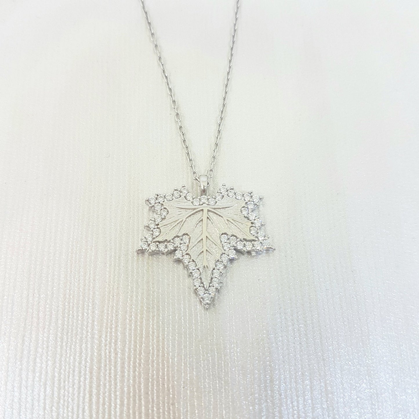 925K Sterling Silver Maple Necklace , Long Leaf Pendant Necklace , CZ Maple Necklace , Autumn Necklace Silver , Canadian Maple Leaf Necklace