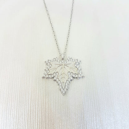 925K Sterling Silver Maple Necklace , Long Leaf Pendant Necklace , CZ Maple Necklace , Autumn Necklace Silver , Canadian Maple Leaf Necklace