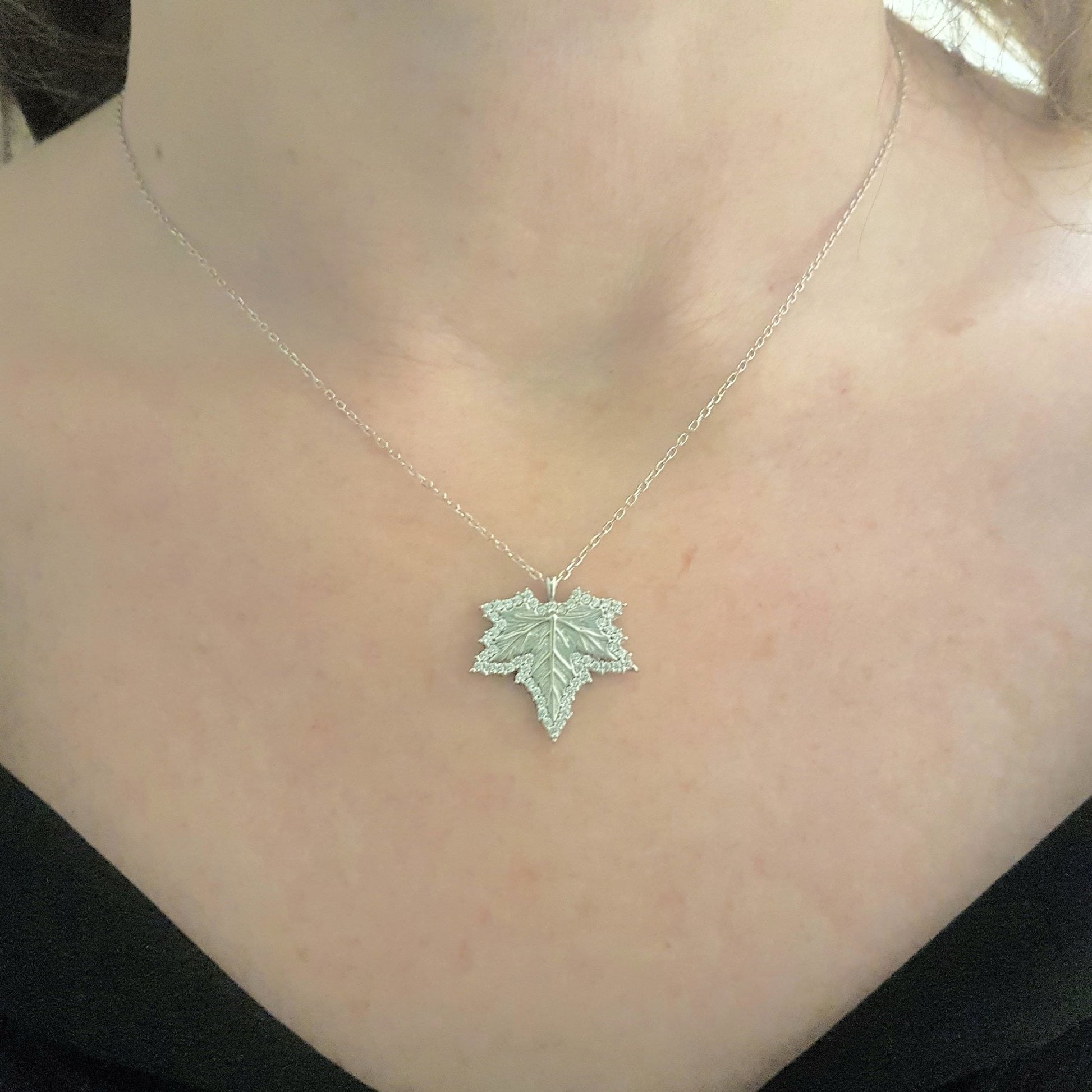 925K Sterling Silver Maple Necklace , Long Leaf Pendant Necklace , CZ Maple Necklace , Sterling Silver Necklace , Canadian Maple Leaf Necklace