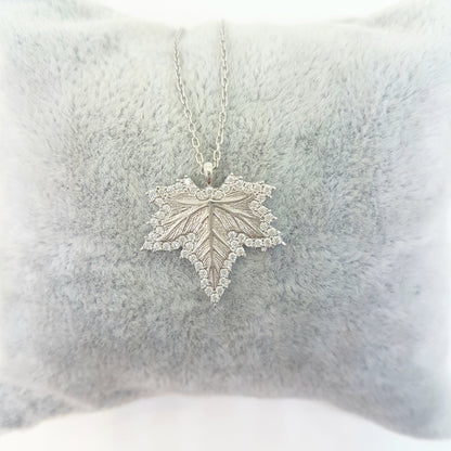 925K Sterling Silver Maple Necklace , Long Leaf Pendant Necklace , CZ Maple Necklace ,gift for Her , Canadian Maple Leaf Necklace