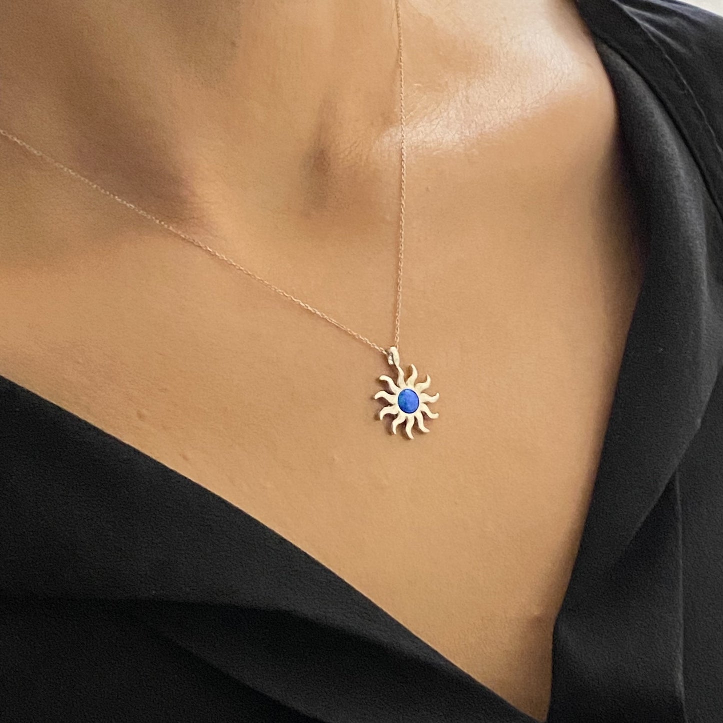 925K Sterling Silver Opal Glowing Sun Necklace for Women , Sunburst Necklace Silver , Sun Pendant Silver, Summer Jewelry ,Dainty Necklace