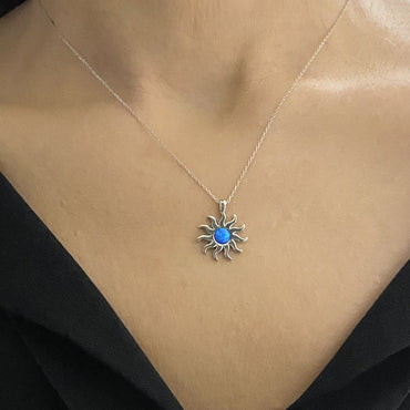 925K Sterling Silver Opal Glowing Sun Necklace for Women , Sunburst Necklace Silver , Sun Pendant Silver,Summer Jewelry , Dainty Necklace