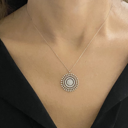 925K Sterling Silver Shining Sun Necklace for Women , Sun Pendant , Round Circle Necklace , CZ Charm Necklace Silver , Birthday Gift for mom