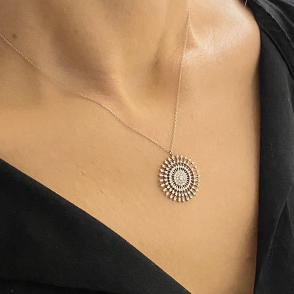 925K Sterling Silver Shining Sun Necklace for Women , Sun Pendant , Round Circle Necklace , CZ Charm Necklace Silver , Birthday Gift for mom