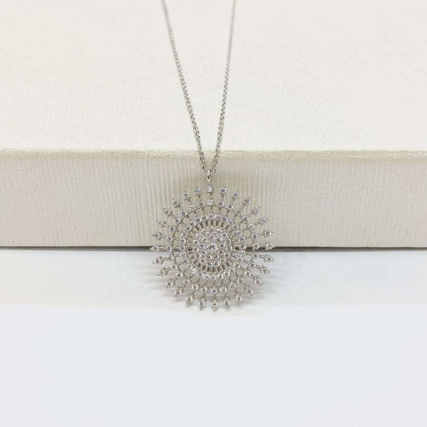 925K Sterling Silver Shining Sun Necklace for Women , Sun Pendant , Round Circle Necklace , CZ Charm Necklace Silver , Birthday Gift for mom