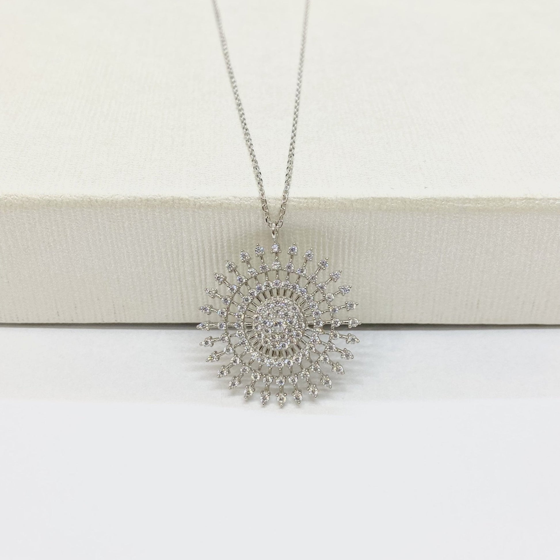 925K Sterling Silver Shining Sun Necklace for Women , Sun Pendant , Round Circle Necklace , CZ Charm Necklace Silver , Birthday Gift for mom