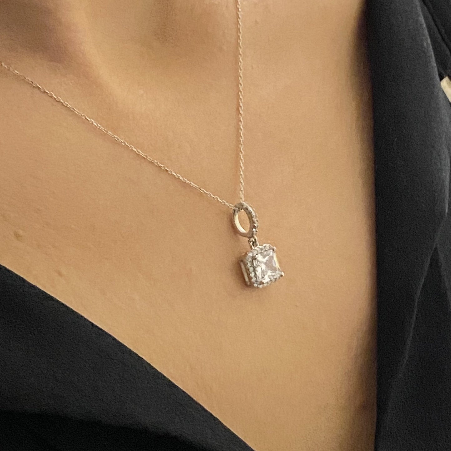 925K Sterling Silver Square Solitaire Necklace for Women , CZ Tiny Solitaire Pendant Necklace Silver,April Birthstone Necklace, Gift for Her ,W