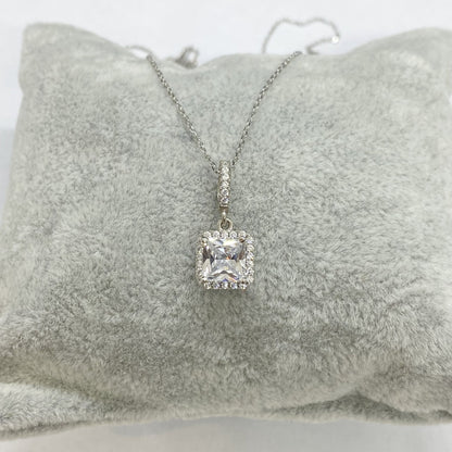 925K Sterling Silver Square Solitaire Necklace for Women , CZ Tiny Solitaire Pendant Necklace Silver,April Birthstone Necklace, Gift for Her ,W