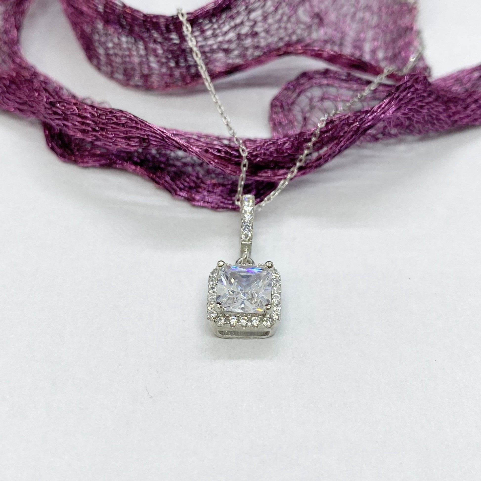 925K Sterling Silver Square Solitaire Necklace for Women , CZ Tiny Solitaire Pendant Necklace Silver,April Birthstone Necklace, Gift for Her ,W