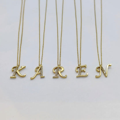 CZ Letter Necklace , CZ initial Necklace , 14K Solid Gold CZ Micro Pave Alphabet Letter Initial Charm Necklace for Women , Birthday Gift