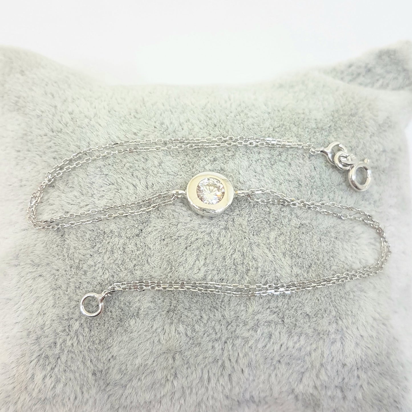 Round Bezel Bracelet with Zirconia Stone 14K White Solid Gold Charm Dainty Jewelry for Women