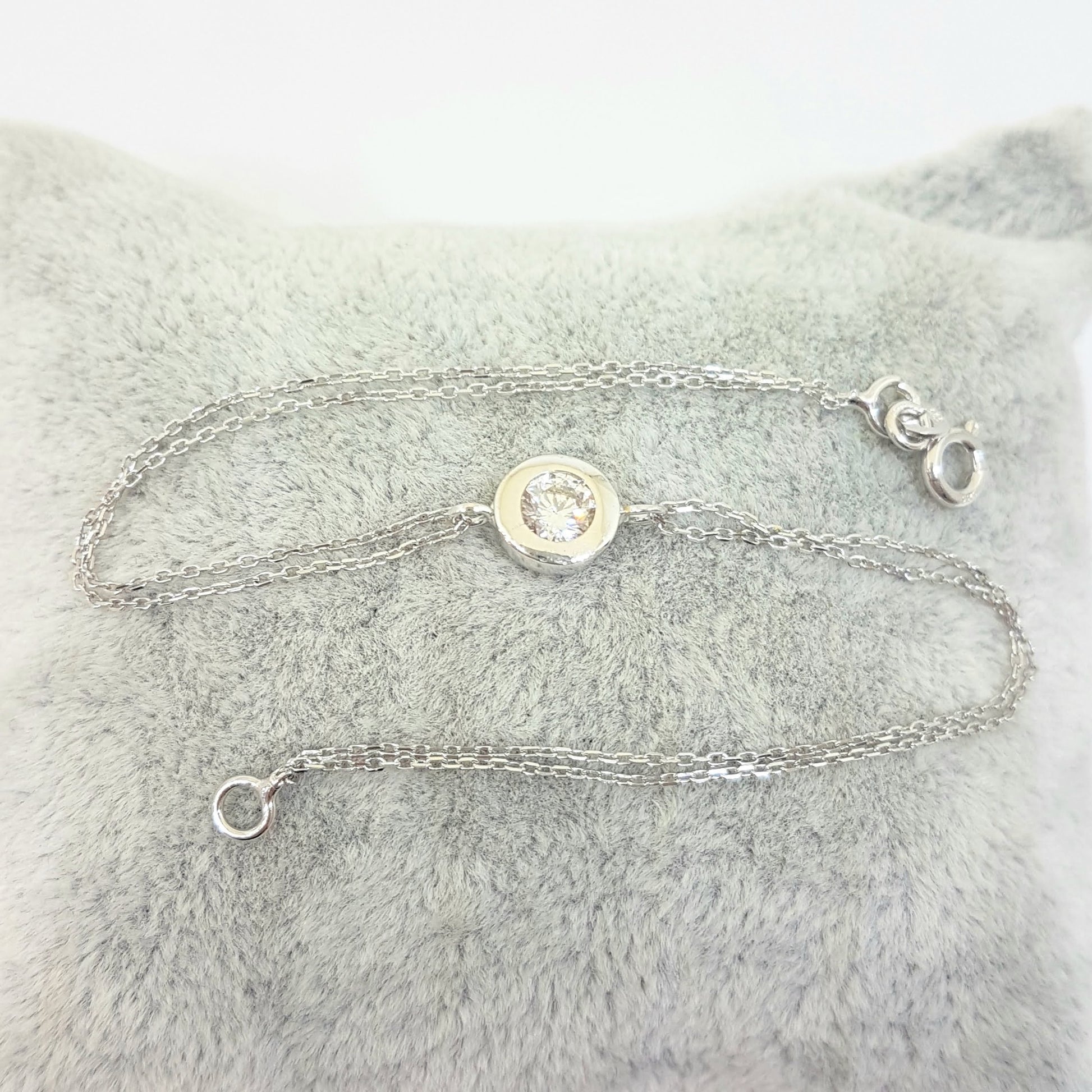 Round Bezel Bracelet with Zirconia Stone 14K White Solid Gold Charm Dainty Jewelry for Women