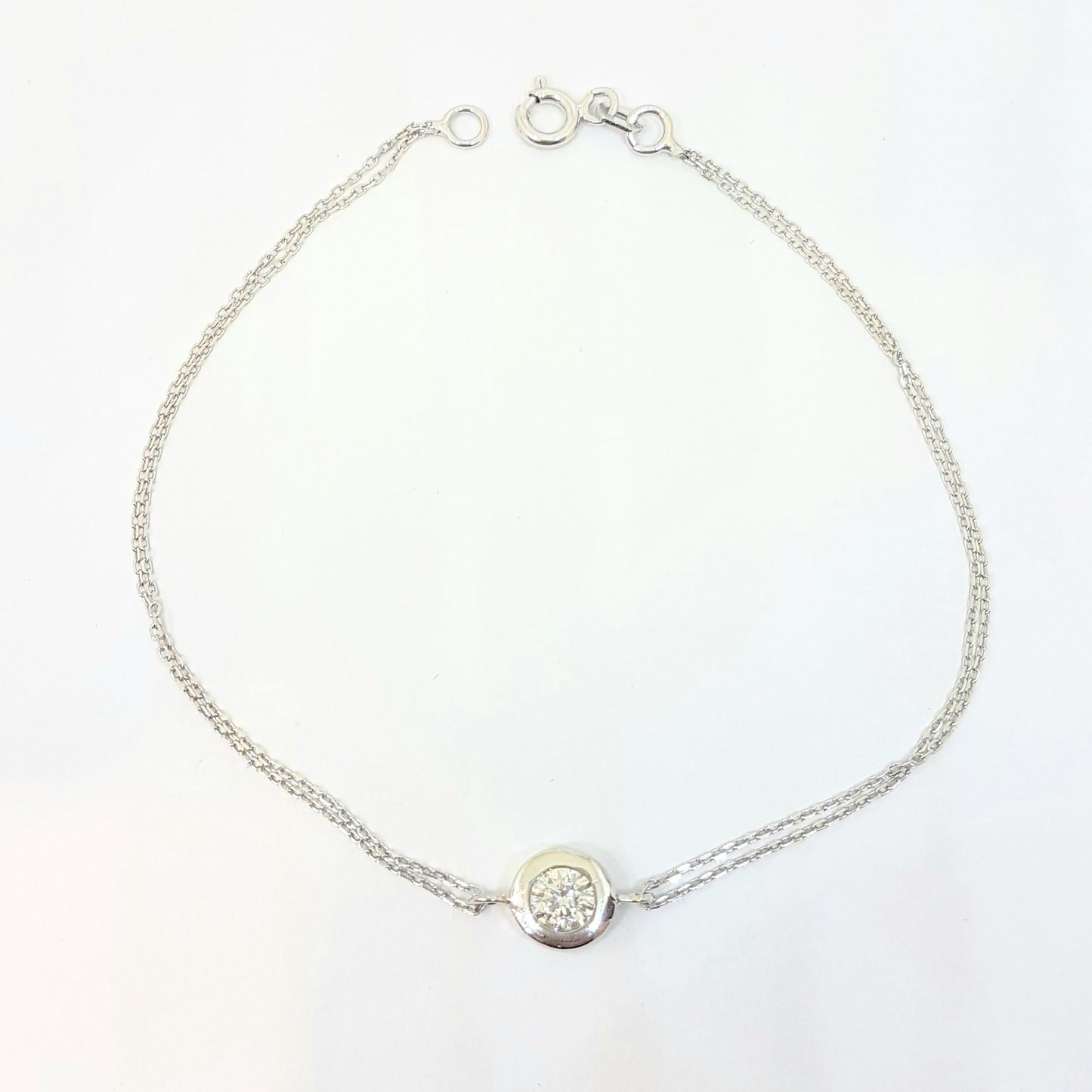 Round Bezel Bracelet with Zirconia Stone 14K White Solid Gold Charm Dainty Jewelry for Women